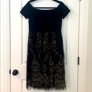 Off the shoulder, midi black and gold dress